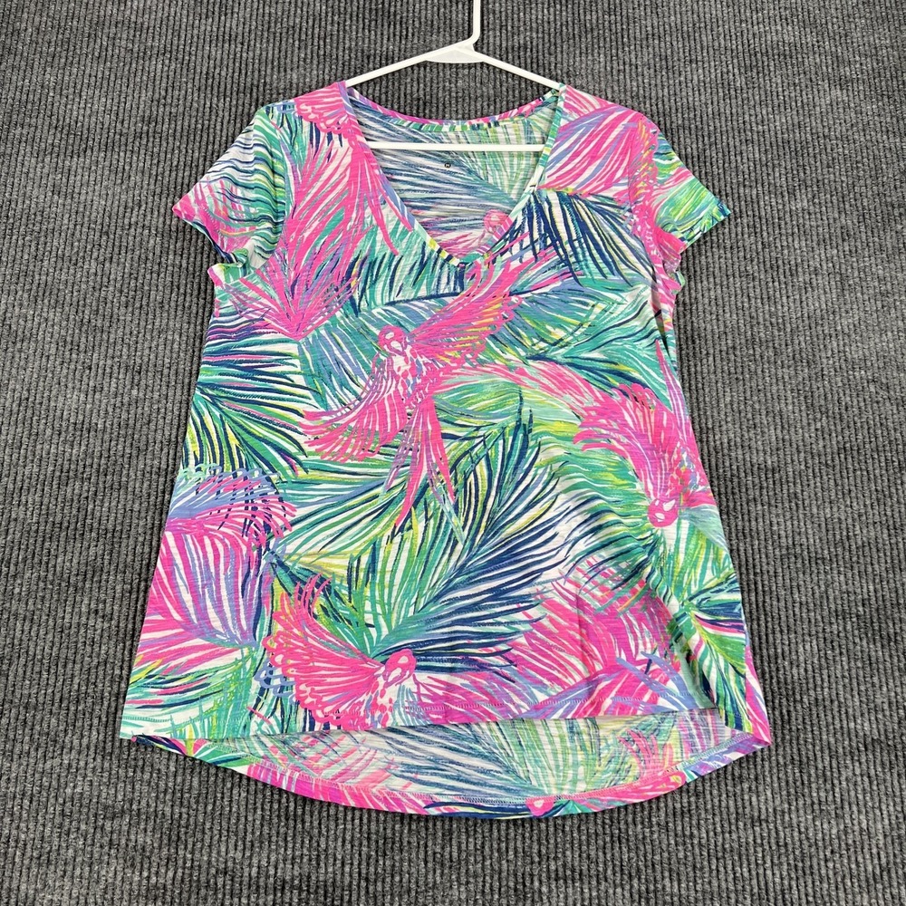 Lilly Pulitzer Shirt Womens Medium Parrot Palm Print V Neck Tee Tropical Summer